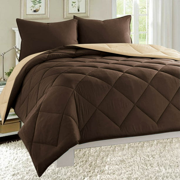3 Piece Reversible Comforter Set, Brown Duvet Cover