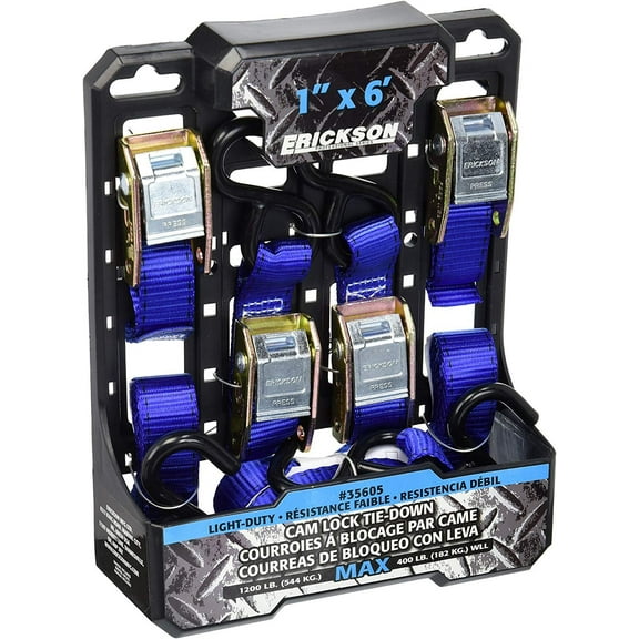 Erickson 35605 Light Duty Cam Lock Tie-Down Strap, 4 Pack 1" x 6', 1200 lb Load Capacity