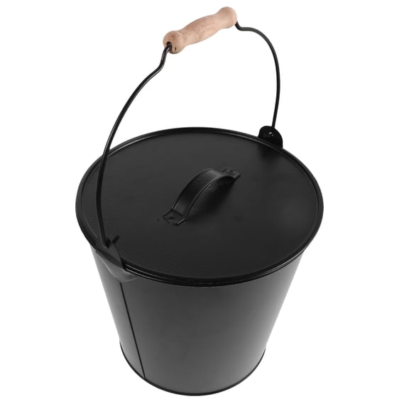 BESTYASH Black Metal Ash Bucket with Lid and Wooden Handle for Safe and Efficient Fireplace Ash Storage and Cleanup