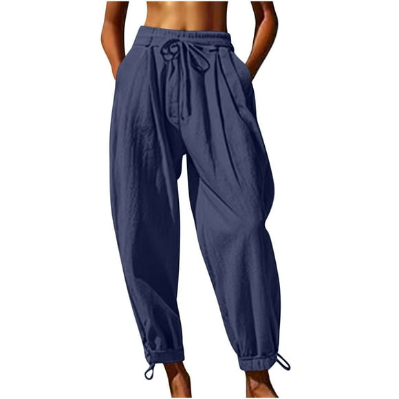 zbxnLI Capri Pants for Women Drawstring Elastic Waist Cotton Linen Pants Casual Beach Capris Summer Pants