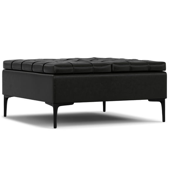 Laura 36 inch Wide Transitional Square Mid Century Lift Top Storage Ottoman in Midnight Black Vegan Faux Leather, Assembled