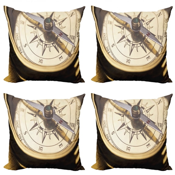 Compass Throw Pillow Cushion Case Pack of 4, Detailed Close up Photo of Retro Navigation Tool Journey Adventure Themed Print, Modern Accent Double-Sided Print, 4 Sizes, Multicolor, by Ambesonne