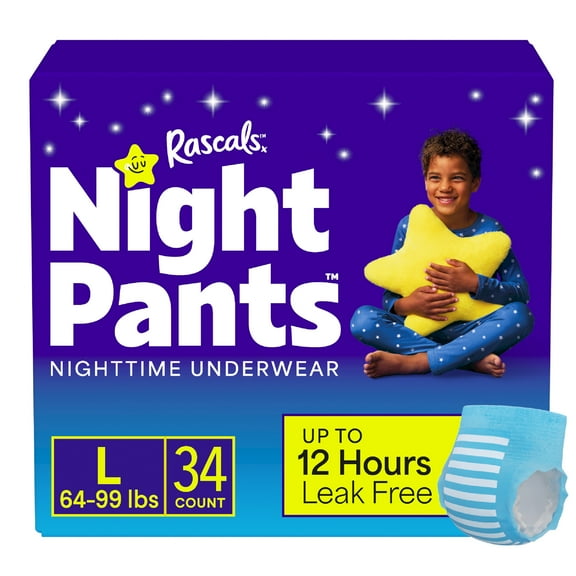 Rascals Night Pants Absorbent Disposable Boys Nighttime Bedwetting Underwear, L (64-99 lbs), 34 Count