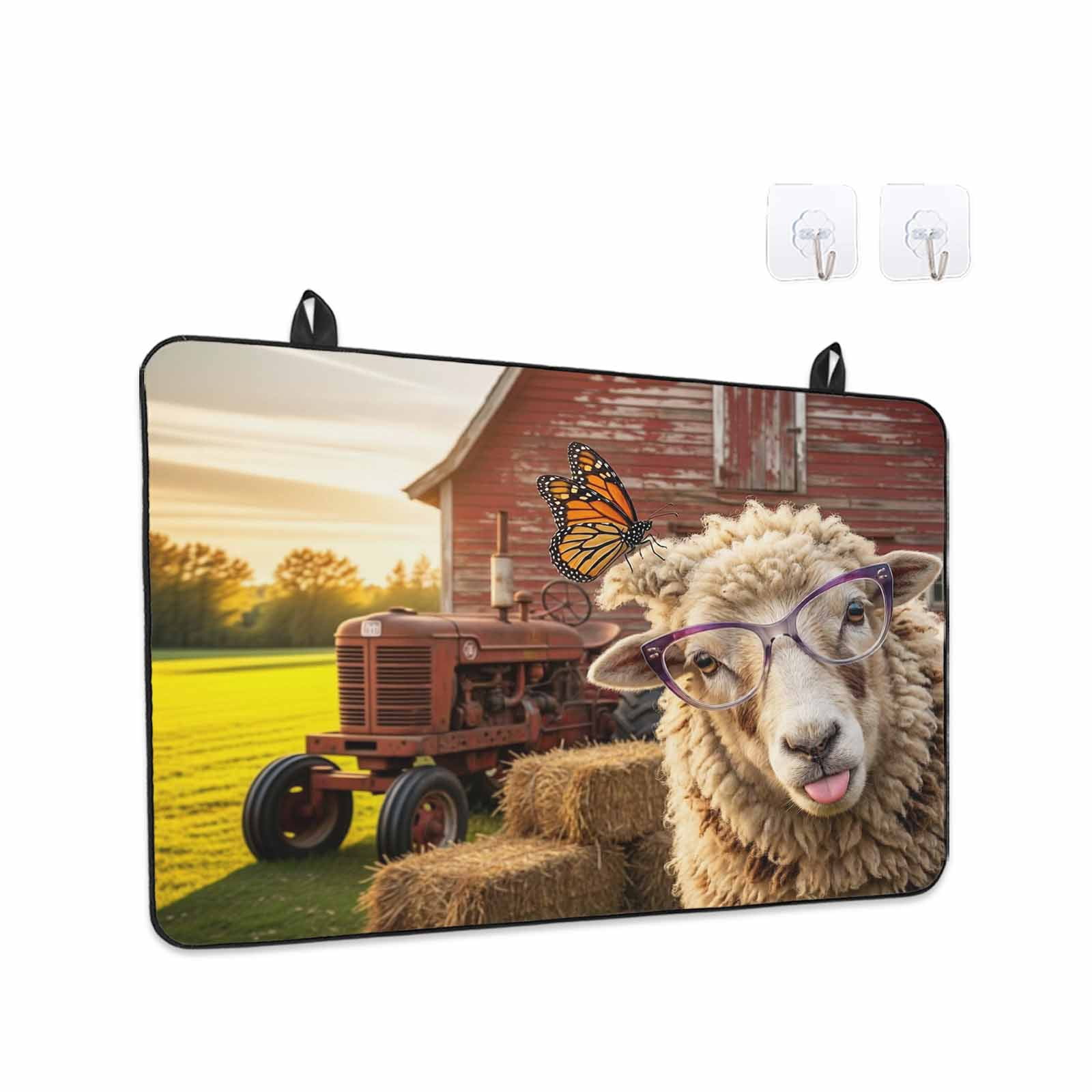 Farm Sheep Stove Top Cover for Electric Stove, Heat-proof & Non Slip Glass Top Stove Cover Protector, Farmhouse Barn Funny Animals Butterfly Kitchen Flat Cooktop Rubber Mat 24x21 Inches
