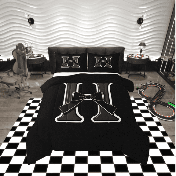 Erosebridal Initial Letter H Comforter Sets Twin Size, Black Gray Comforters & Duvets, Kawaii Bow-tie Reversible Duvet Insert, Lightweight Room Decorative, 2-Piece