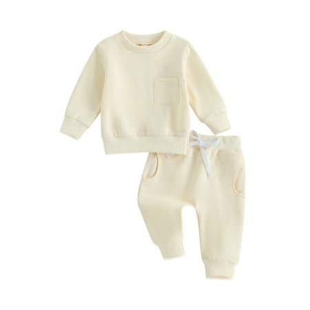 

Newborn Baby Boy Girl Gender Neutral Sweatsuit Unisex Solid Long Sleeve Warm Pullover Pant Set