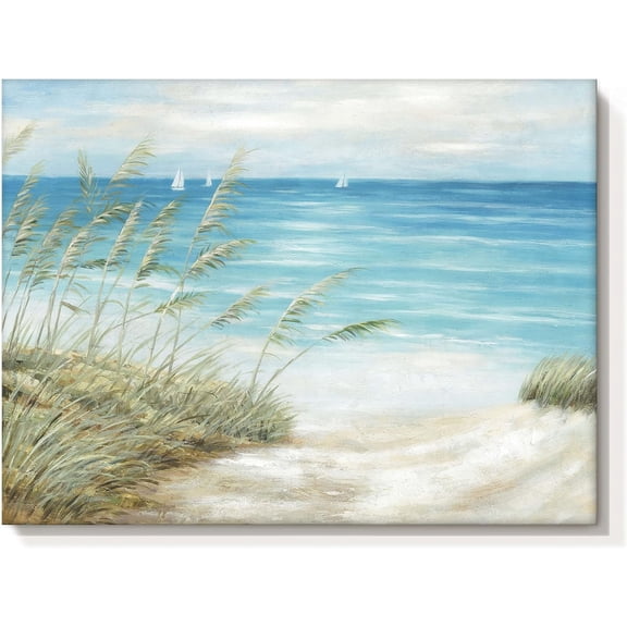 Beach Sea Canvas Wall Art: Seaside Coastal Reed Painting Blue Ocean Nautical Picture Modern Minimalist Seascape Grass Path Artwork Decor for Living Room Bedroom