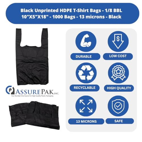 Easy Open - Black Unprinted HDPE T-Shirt Bags - 1/8 BBL 10"X5"X18" - 1000 Bags - 13 microns - Black - 20018-EO