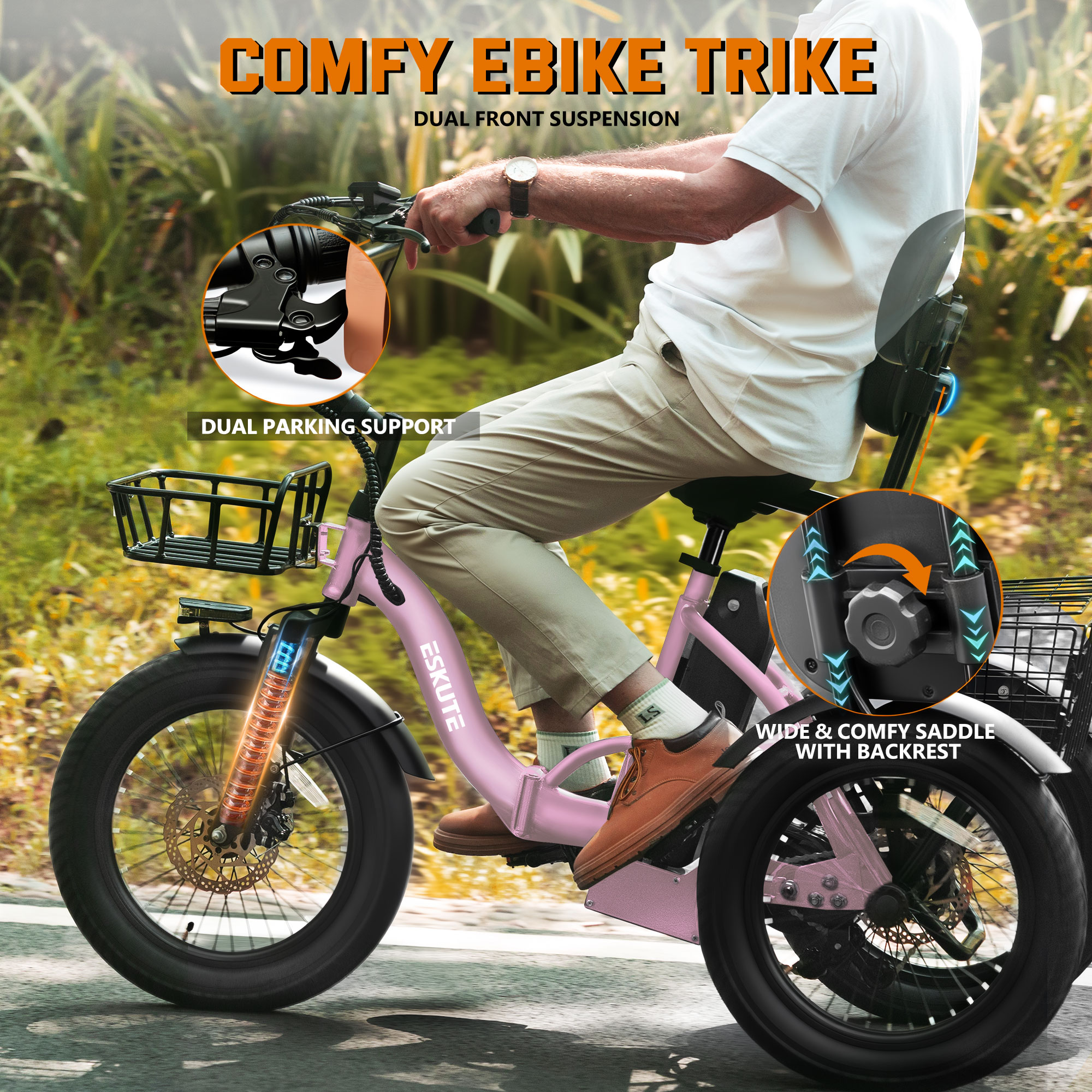 ESKUTE Pink E Trike Electric Bike, Peak 1200W Brushless Motor Folding Trike 18X3.0 Fat Tire Ebike, 499Wh Removable Battery, Step-Thru 3 Wheel Electric Bicycle, 48V 13AH 18MPH+ Tricycle for Adults