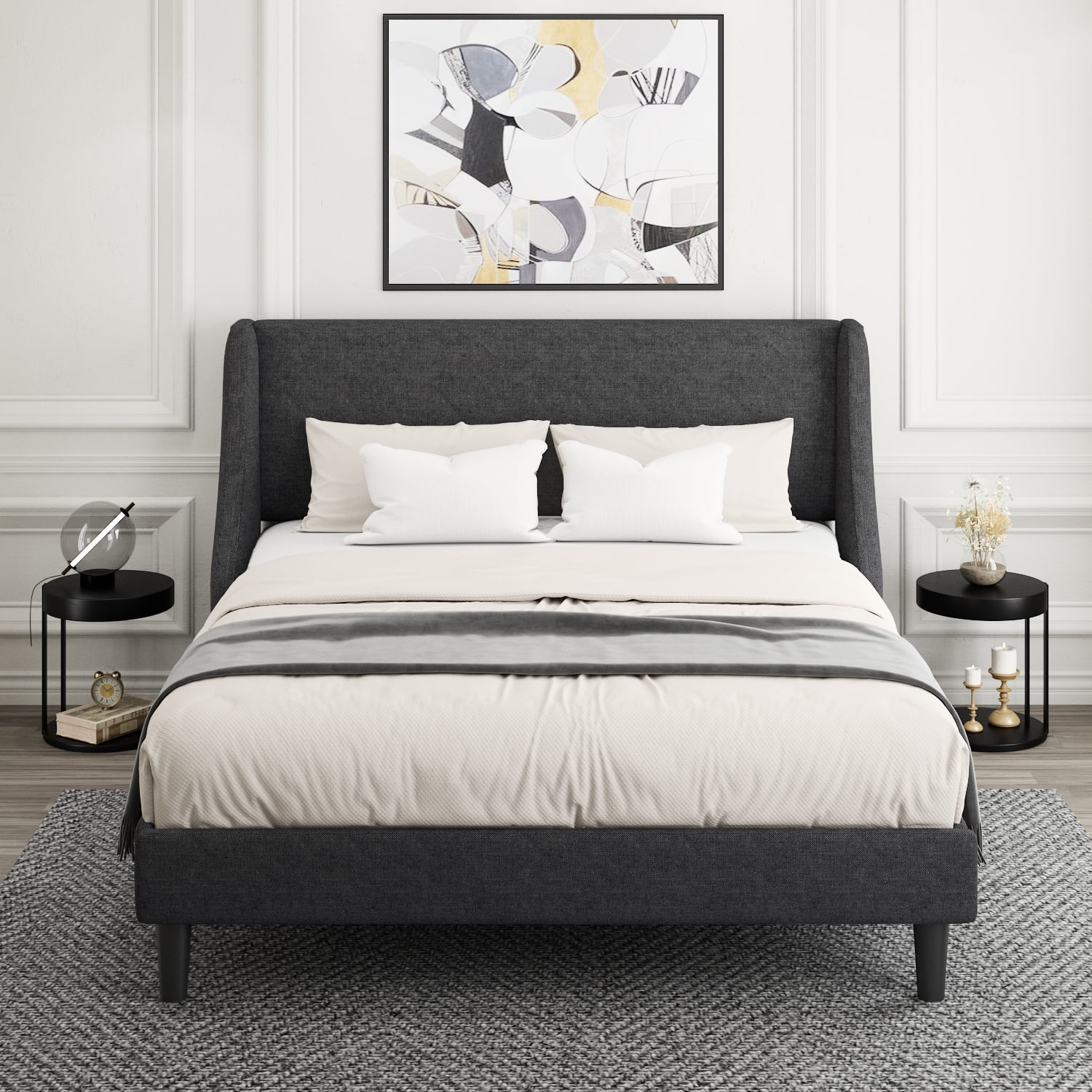 Amolife Queen Size Modern Platform Upholstered Bed Frame with Deluxe Wingback, Deep Grey