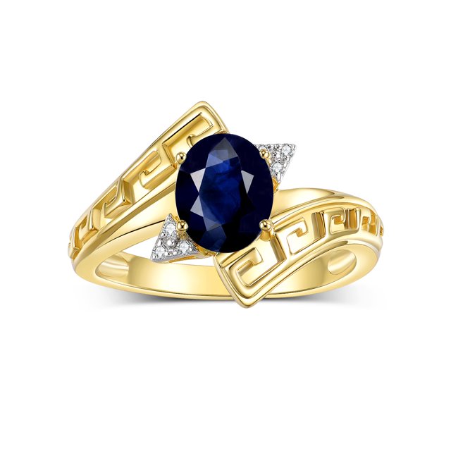 RYLOS Rings for Women 14K Yellow Gold Greek Key Designer Ring 9X7MM Gemstone & Diamond Ring September Sapphire Jewelry Size 9