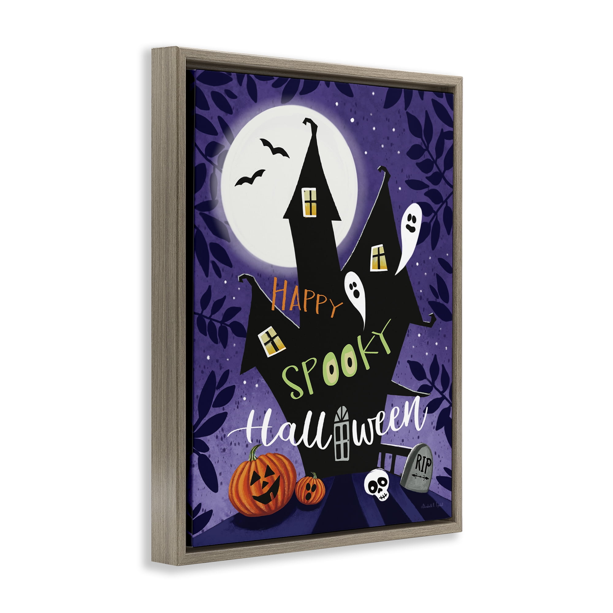 Stupell Industries Spooky Halloween House Holiday Painting Brown Floater Framed Canvas Art Print Wall Art, 17 x 21
