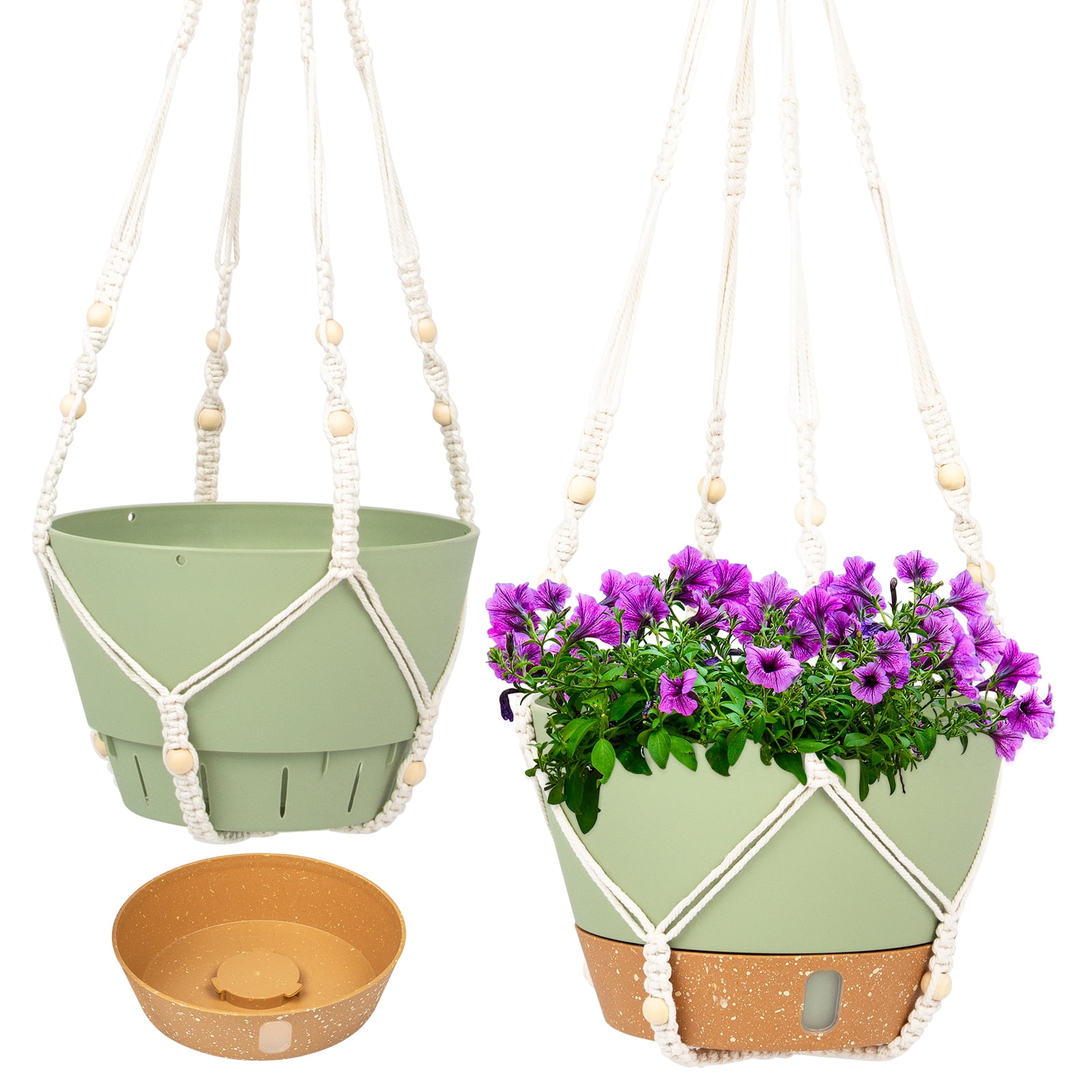 QCQHDU 2 Pack 8 inch Plastic Green Hanging Planters with 3 Hooks
