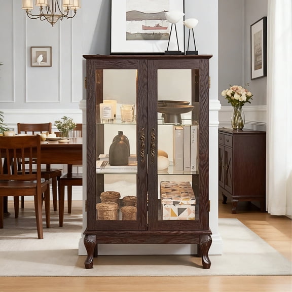 HIUU 43"H Display Cabinets for Collectibles,Glass Cabinet Display Case with 2 Doors,Wooden Curio Cabinet with Mirrored Back Panel and Shelves,Curio Cabinets with Lights for Living Room,Cherry