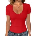 thumbnail image 7 of TODOZO Womens Short Sleeve T-Shirt Short Sleeve Shirt Comfy Pullover Blouse Going Out Tops Cute Gym Workout Clothes V Neck T-Shirts Ribbed T-Shirt Undershirts Fitted Stretchy Tee Tops Red 2XL, 7 of 7