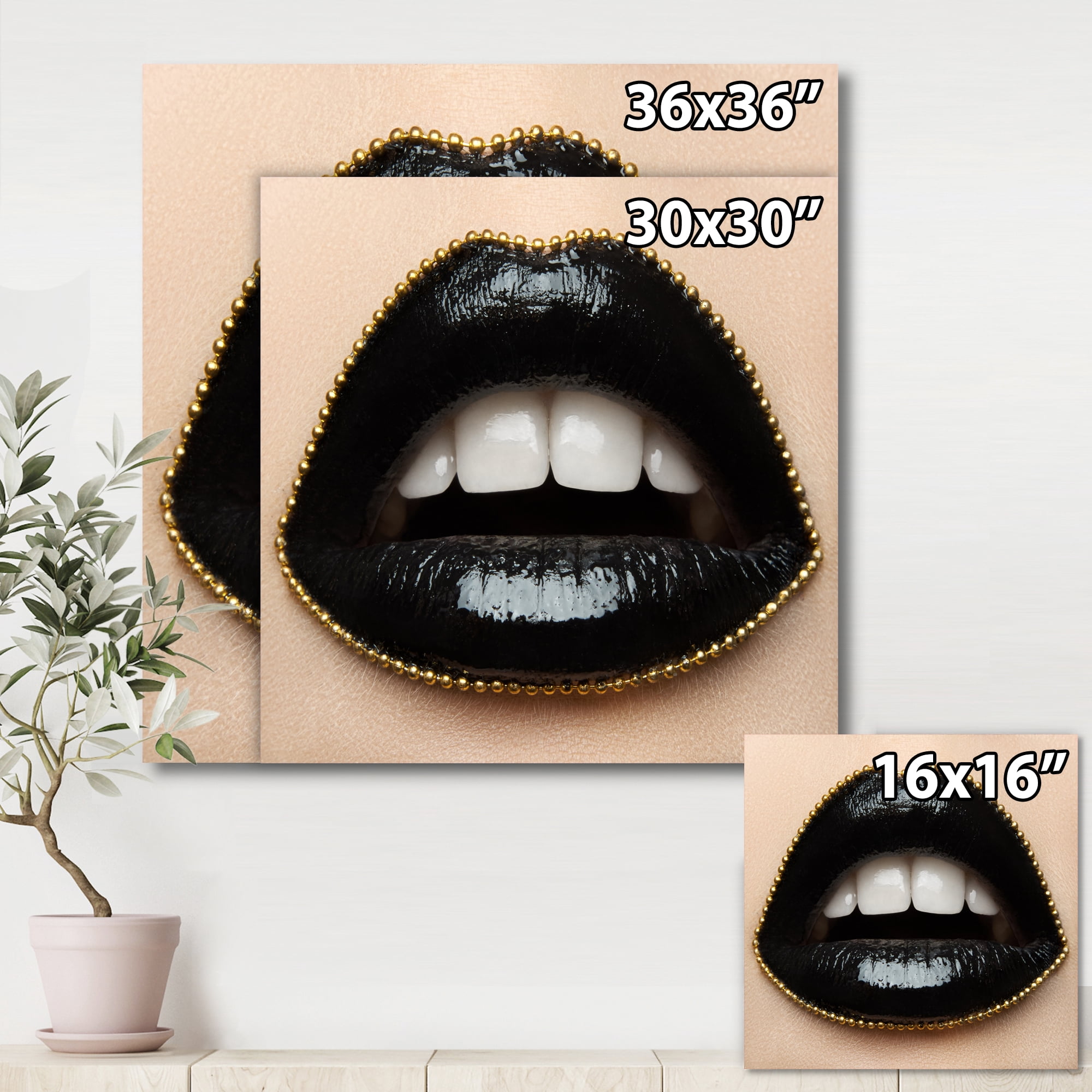 Designart ' Woman Lips With Black Lipstick & A Gold Chain ' Modern Canvas Wall Art Print