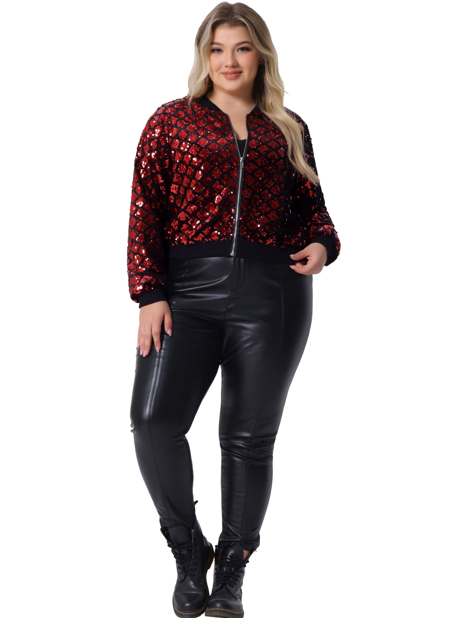 DARING DIVA Women's Plus Sequin Bomber Zipper Long Sleeve Sparkle Jacket 2X Red