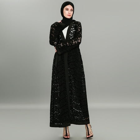 Women Muslim Long Thin Cardigan Lace Hollow Out Flare Long Sleeve