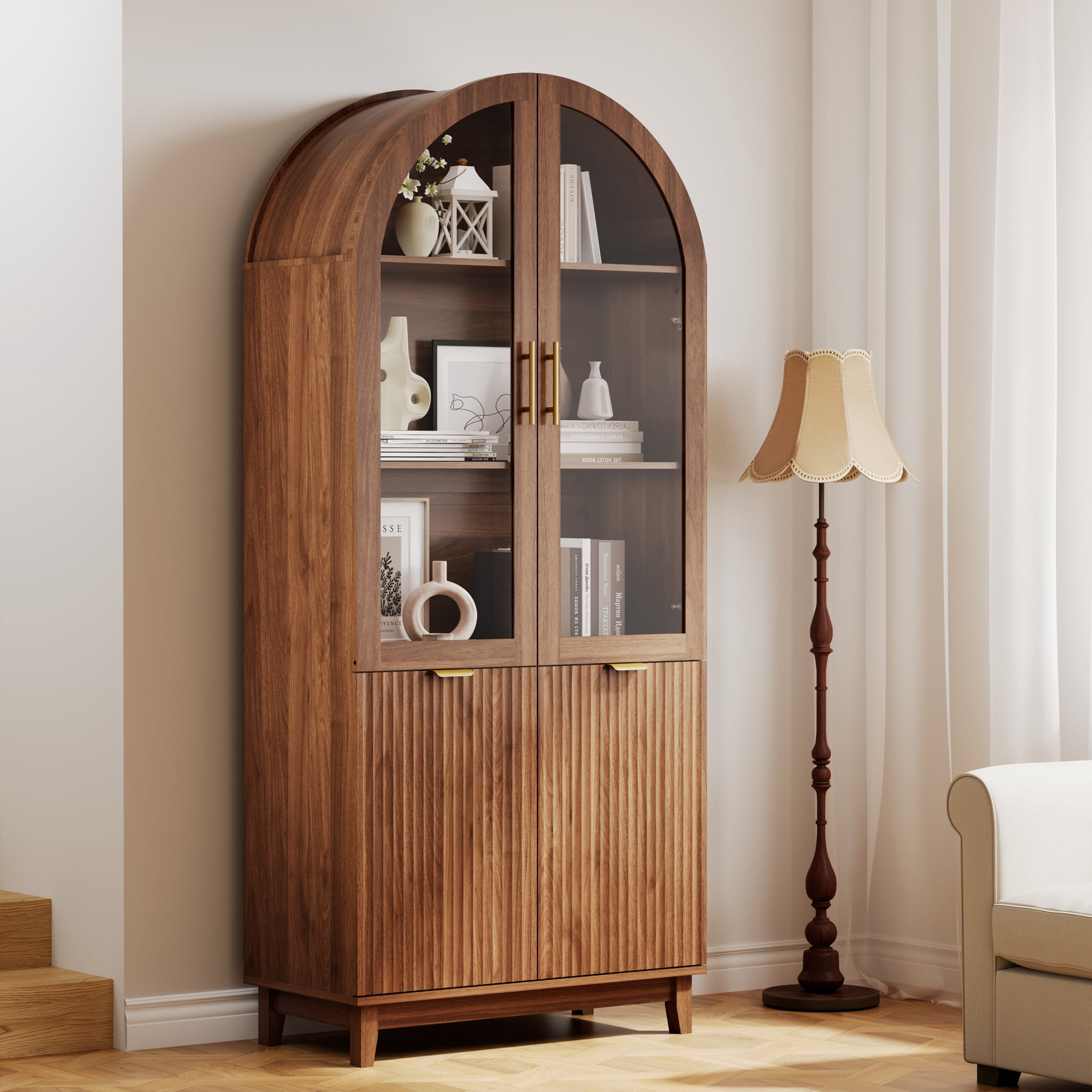 PamapicLife 71" Tall Walnut Arched Cabinet, Fluted Kitchen Pantry With Glass Doors, Adjustable Shelves