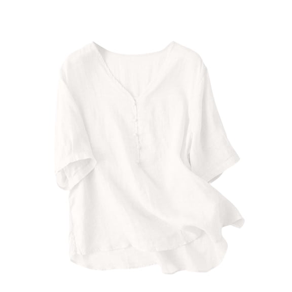 Staron Summer Loose V-Neck Blouses for Women Casual Short Sleeve Solid Color Comfortable Breathable Pullover Tops, White L