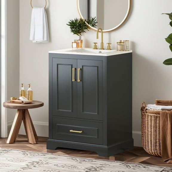 24" Single Bathroom Vanity with Ceramic Sink Top, 2 Soft Close Doors, and 1 Divided Drawer, Black