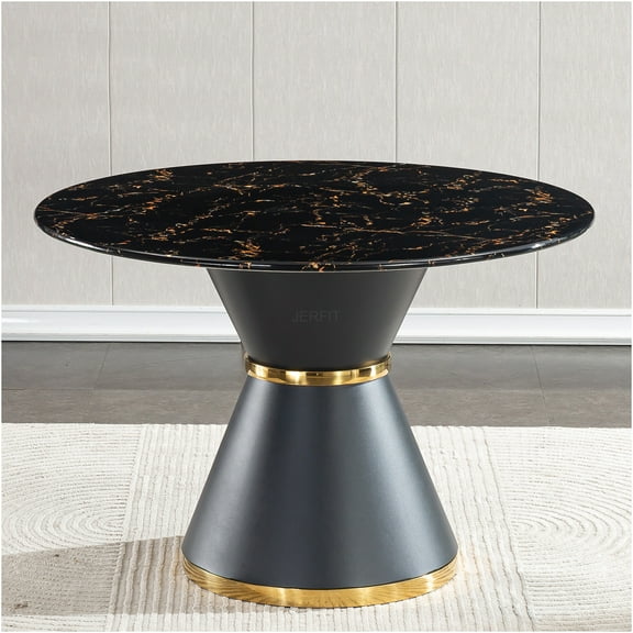 JERFIT Modern Round Dining Table with Marble Top, Black and Gold Base for Kitchen Breakfast Nook