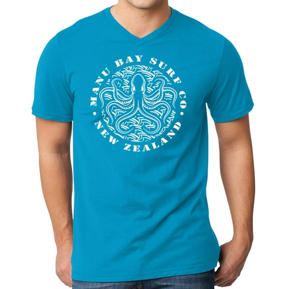 Mens Manu Bay Surf Company WHITE OCTOPUS Surfer T-shirt, Medium Light Turquoise