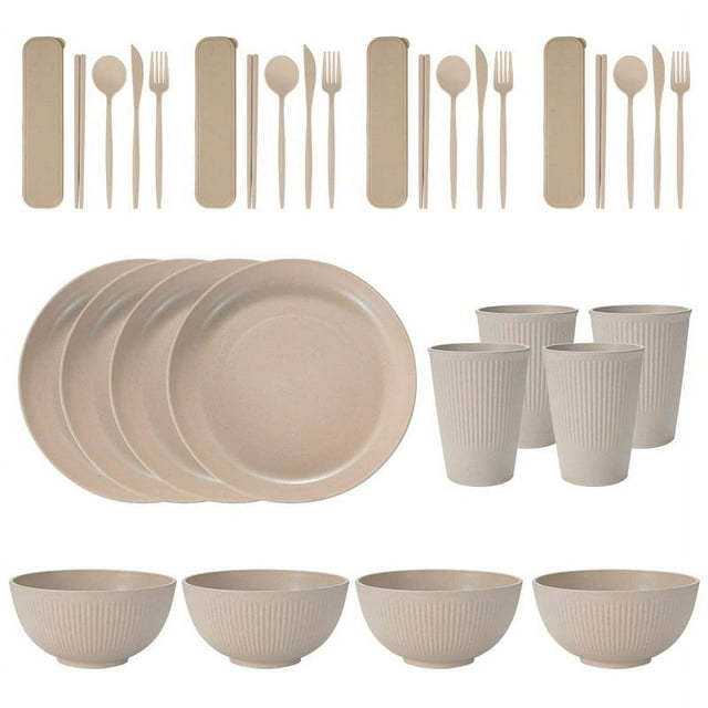 Nvzi Wheat Straw Dinnerware Sets, 32-Piece Plates and Bowls Sets, Cutlery, Microwave Safe Unbreakable Dinnerware for Parties, Picnic, College Dorm, Camping Beige