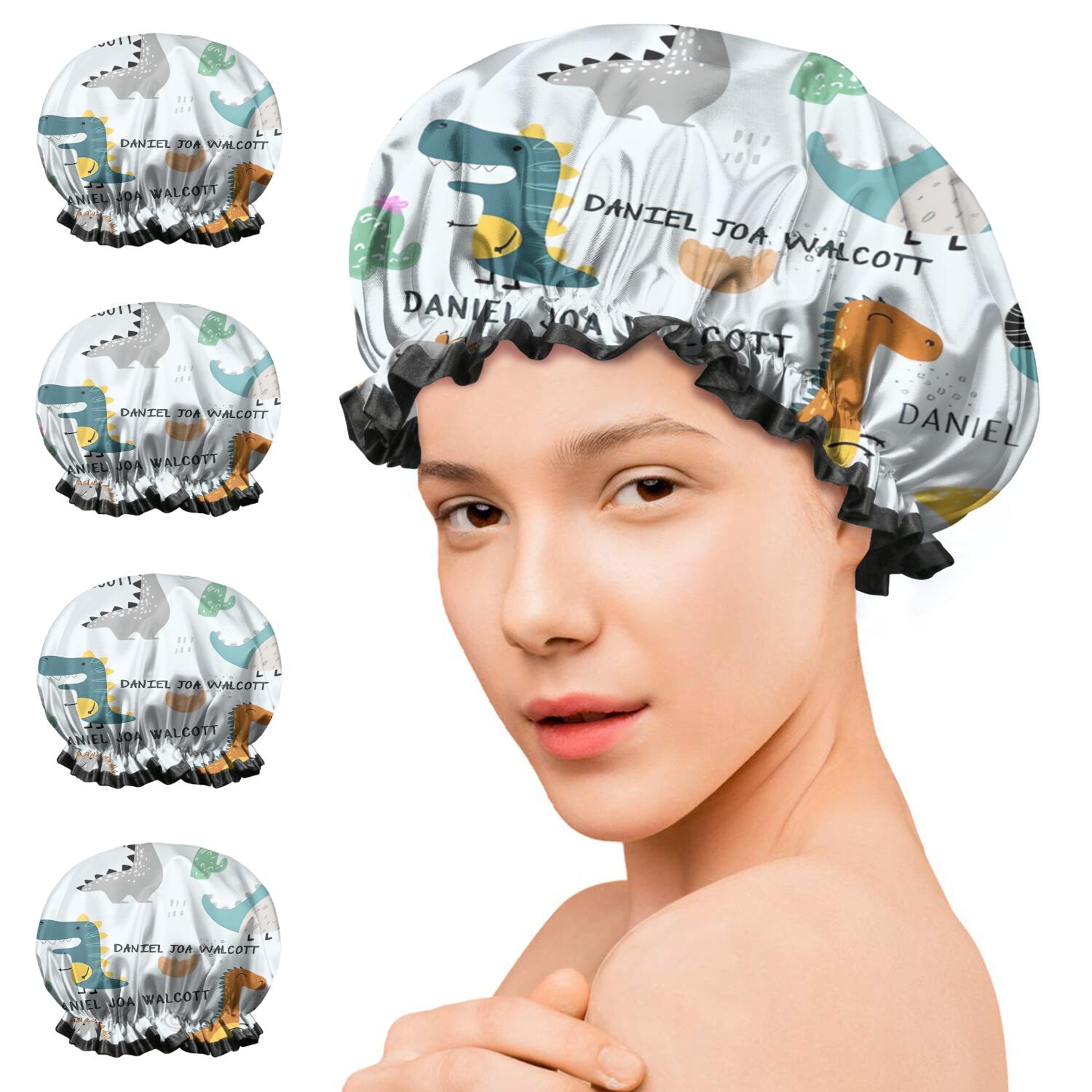 Shower Caps,LightBlue Cartoon Dinosaurs Name Pattern Waterproof Shower Cap for Women 4 Pieces,Double Reusable Hair Cover for Shower PEVA Elastic Stretch Hem