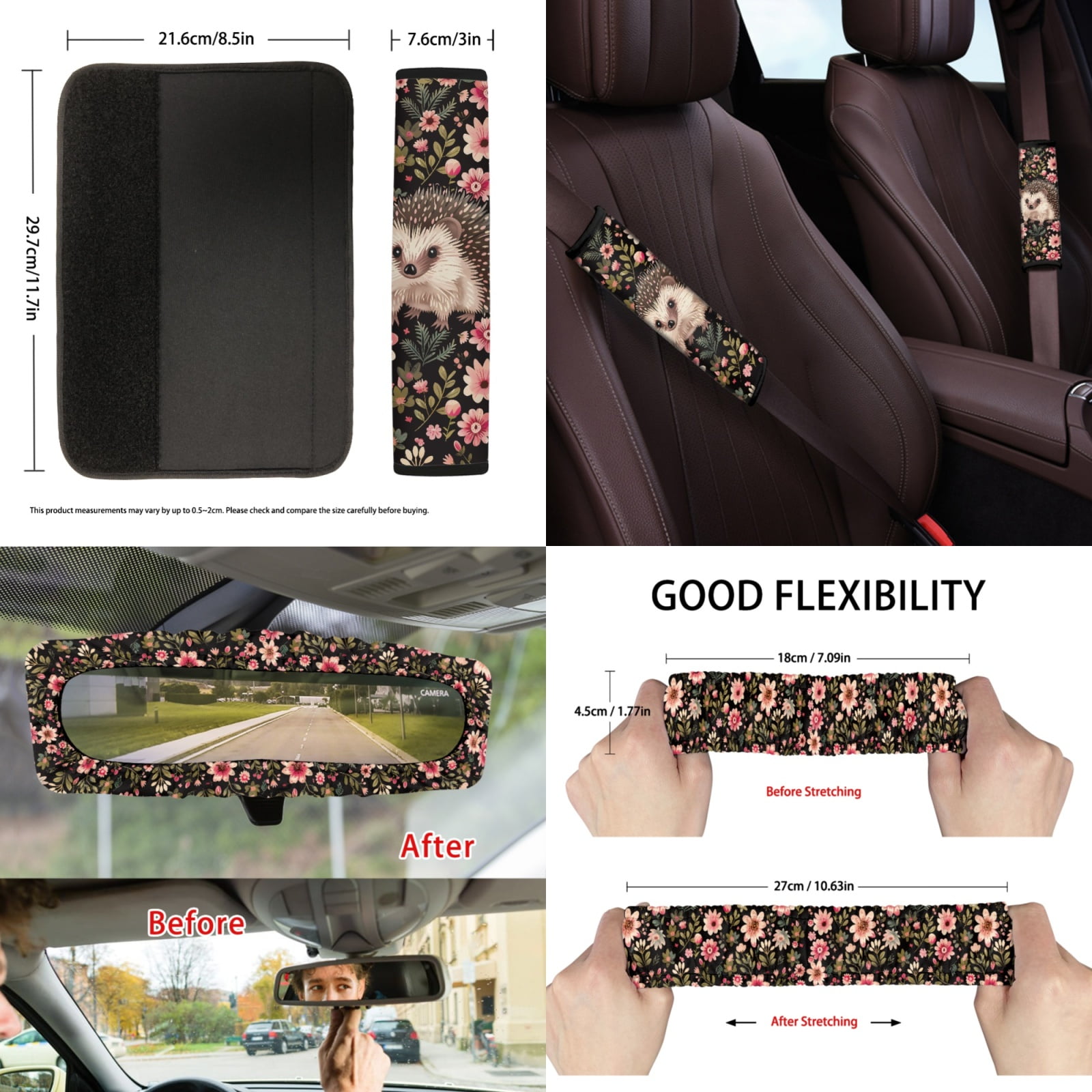 Jeiento Hedgehog Car Interior Accessories Full Set Car Seat Covers Steering Wheel Seat Belt Covers Flowers Car Trash Can Coasters Rear View Mirror Covers Keychains Lipstick Covers Set of 13