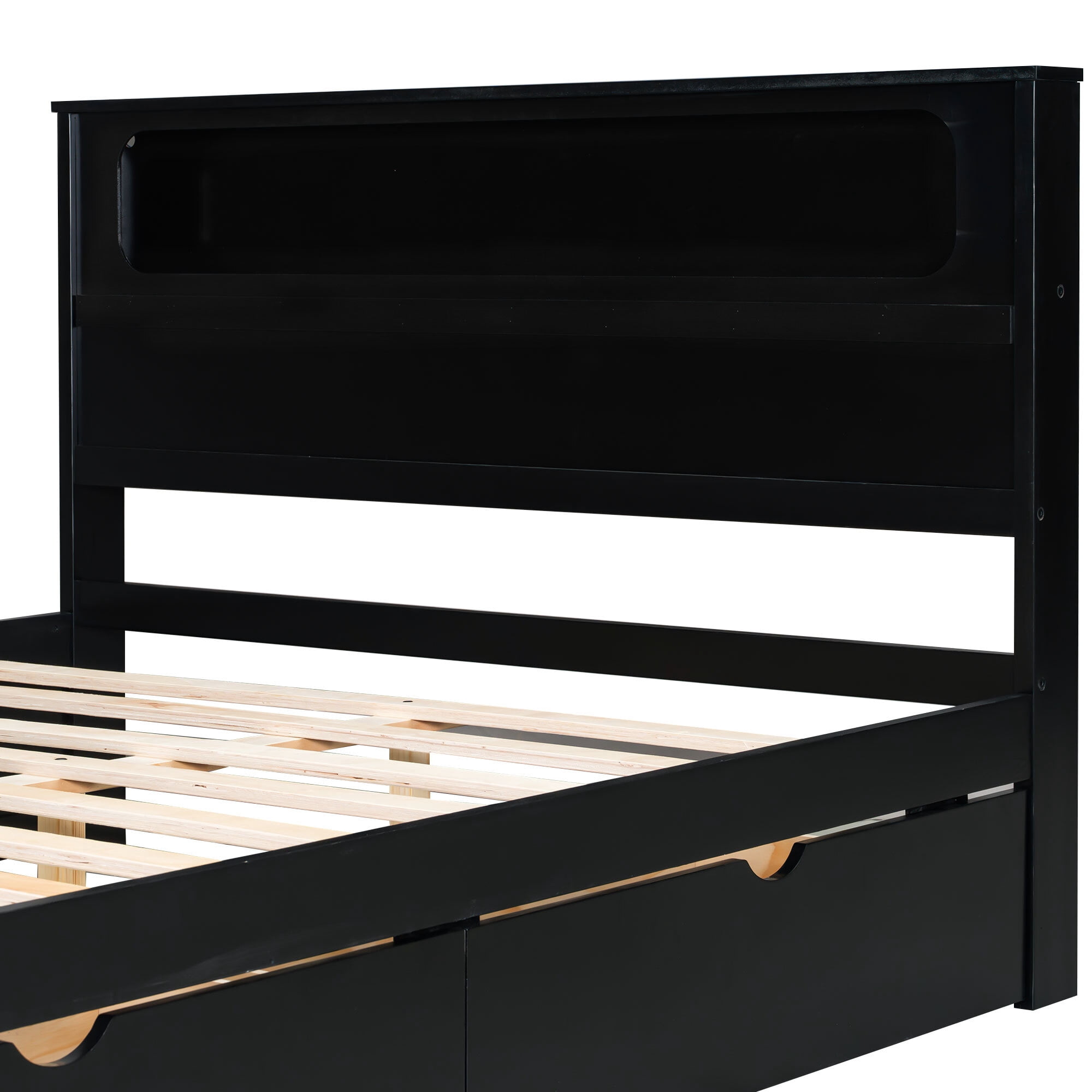 Euroco Wood Full Size Platform Bed with Drawers, Gaming Bed with Desk, LED Light and USB Charging Station, Black