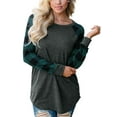 thumbnail image 1 of Las mujeres a cuadros raglán camiseta tops patchwork manga larga cuello redondo túnica camisa otoño otoño blusa suelta, 1 of 3