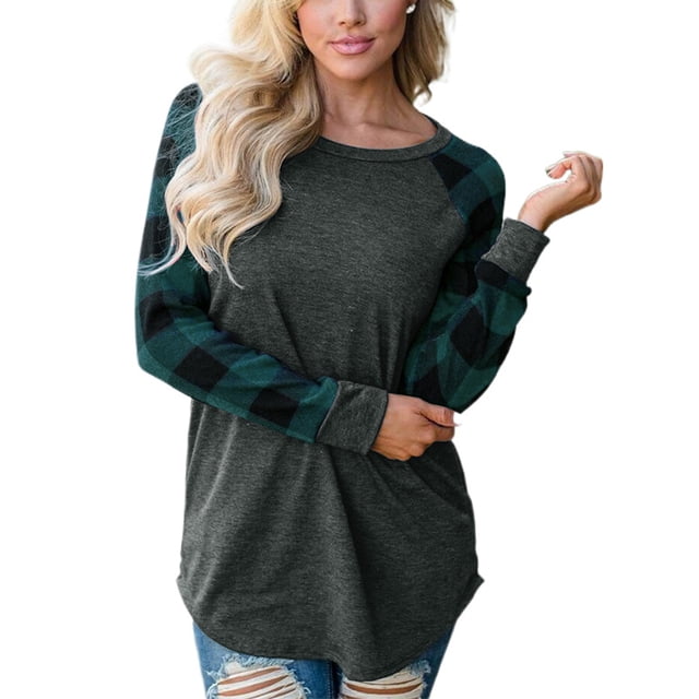 Las mujeres a cuadros raglán camiseta tops patchwork manga larga cuello redondo túnica camisa otoño otoño blusa suelta