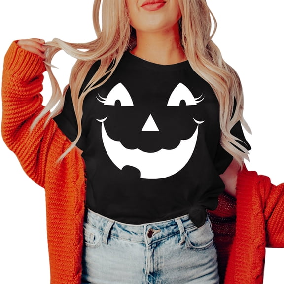 Gunia Halloween Women T Shirts Cotton Pumpkin Graphic Print Short Sleeve Crew Neck Casual Thanksgiving Tops Tee Shirts Black S-2Xl