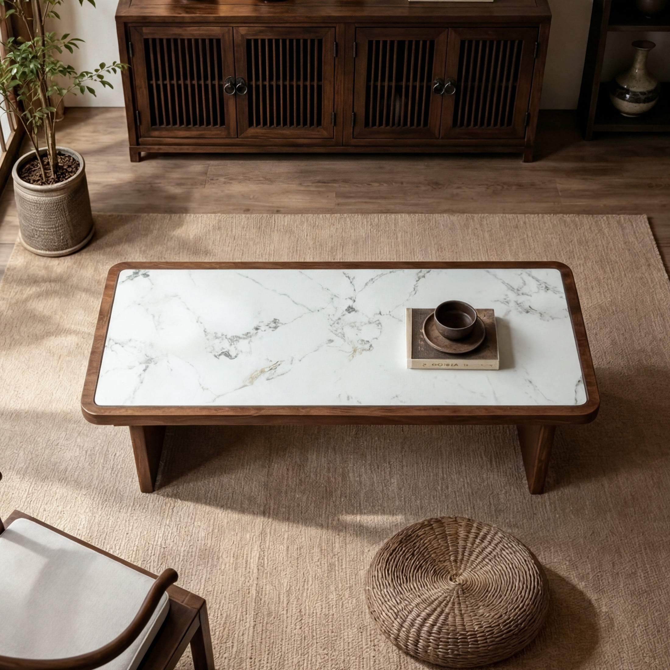 Noble House Ordis 47" Rectangular Sintered Stone Coffee Table with Wood Veneer Frame & Wide Panel Legs, White & Walnut