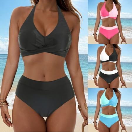 USSUMA Womens Swimsuits Solid Color Bikini Swim Suit High Waisted Fashion Women s Swimsuits for Vacation Black Blue Pink White Clearance