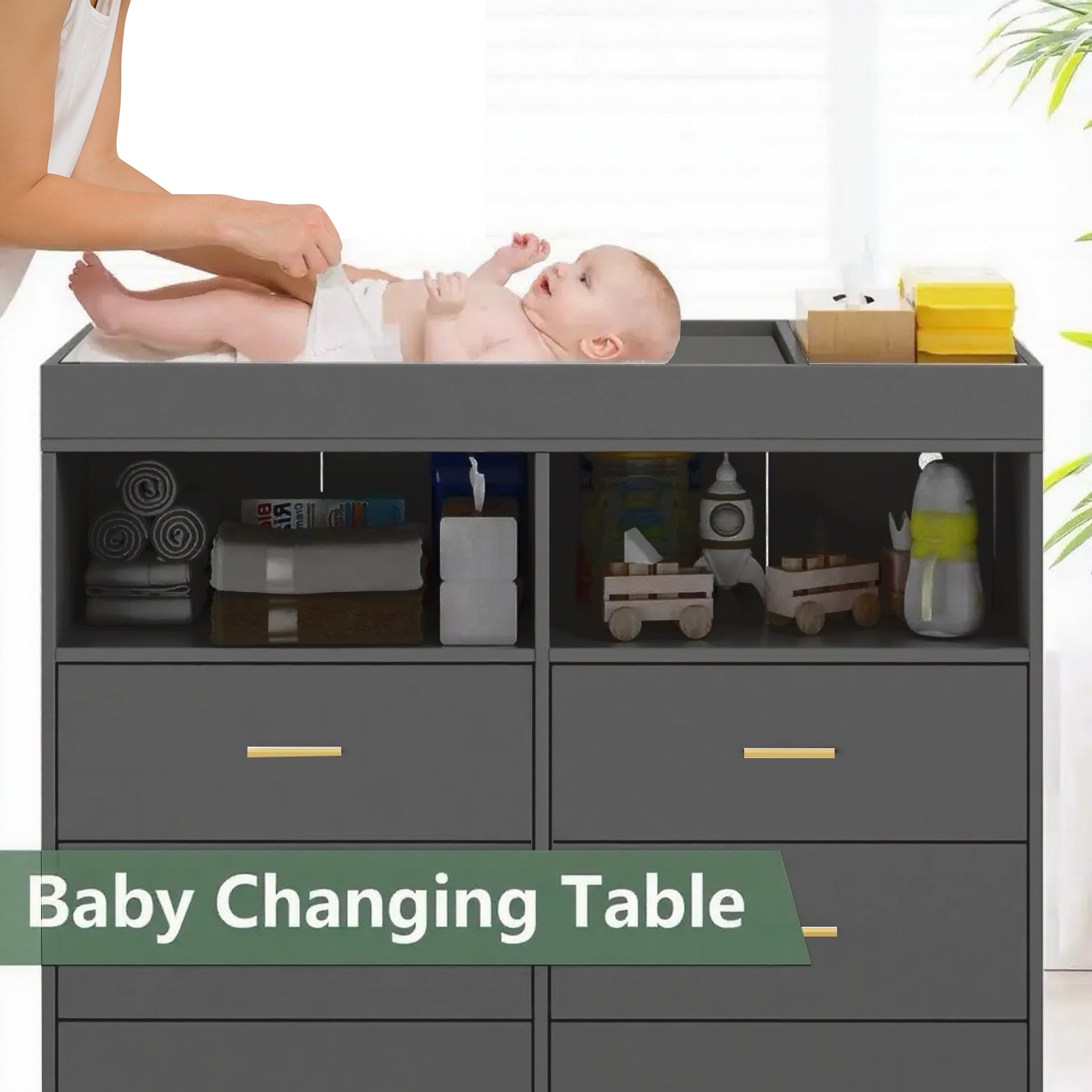6 Drawer Dresser with LED Lights and Charging Station, Baby Changing Table with Storage, 43 Inches for Nursery Bedroom