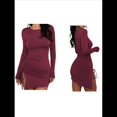 thumbnail image 3 of Vestido Corto de Punto Elástico, Ajustado, Fruncido, con Cordón Ajustable, Liso, de Otoño, Cuello Redondo, Larga Vino Tinto XL, 3 of 7