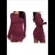 thumbnail image 3 of Vestido Corto de Punto Elástico, Ajustado, Fruncido, con Cordón Ajustable, Liso, de Otoño, Cuello Redondo, Larga Vino Tinto L, 3 of 7