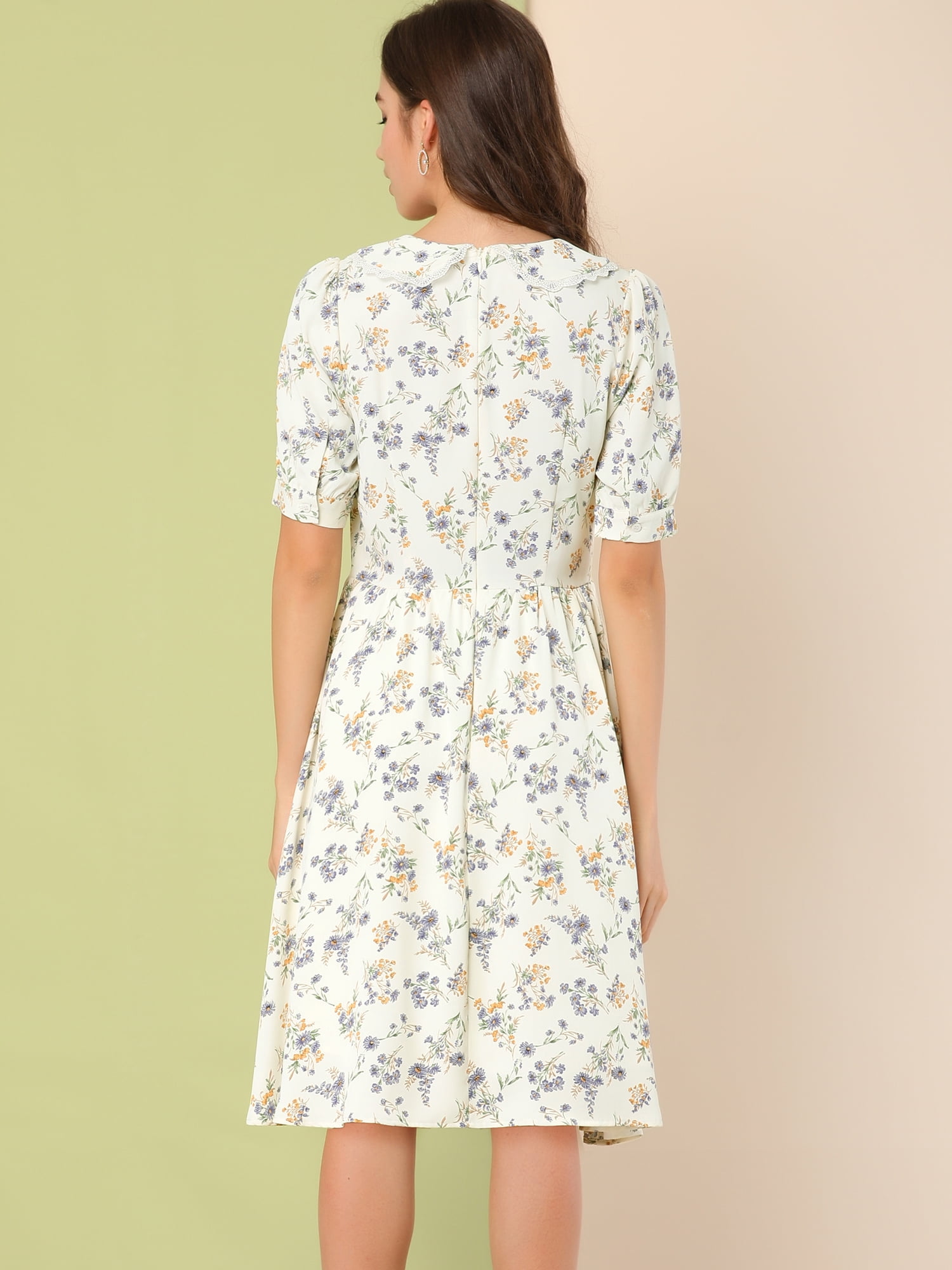 DARING DIVA Peter Pan Collar A-Line Flowy Midi Chiffon Floral Dress S White