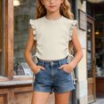 thumbnail image 2 of KPOPLK Toddler Baby Girl Ruffle Short Sleeve Shirts Little Kids Summer Crew Neck Crossback Blouse 9M-10Y Size 5-6 Years,Beige, 2 of 9