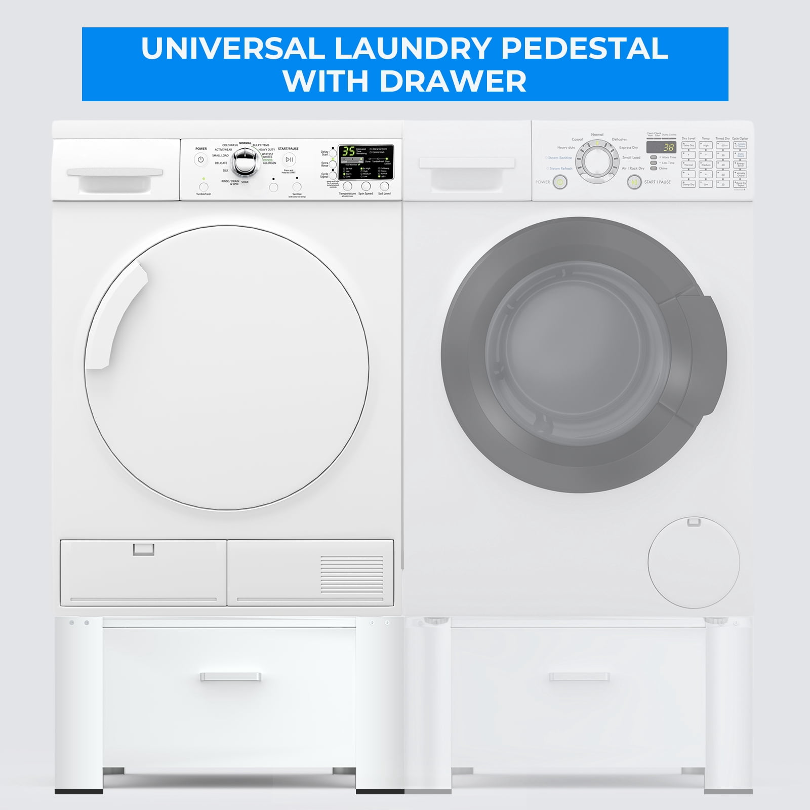 28.4" Washing Machine Pedestal with Drawer and Upper Panel Matalde Laundry Pedestal Upgraded Design, Washer and Dryer Stand, White