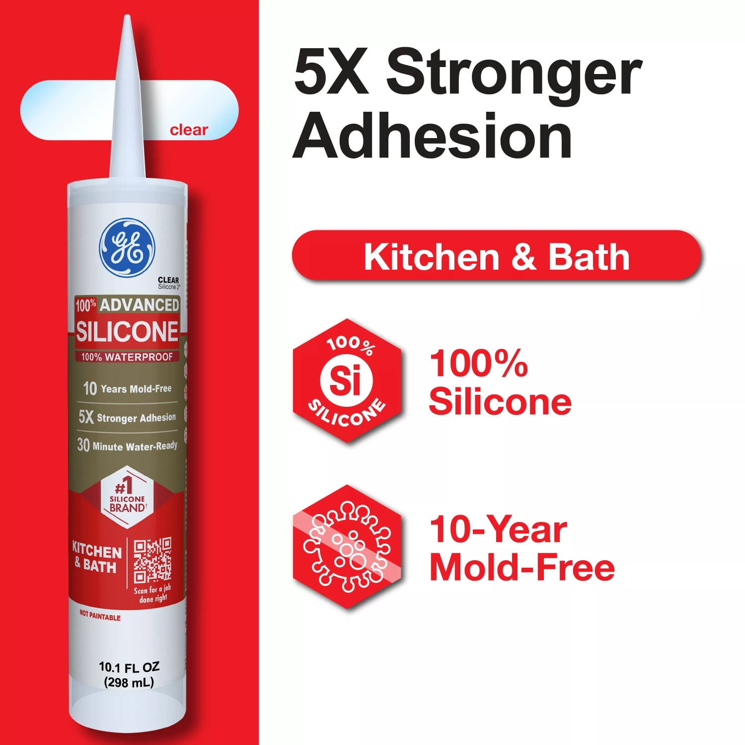 (4 pack) GE Advanced Silicone Kitchen & Bath Sealant, Pack of 1, Clear 10.1 fl oz Cartridge