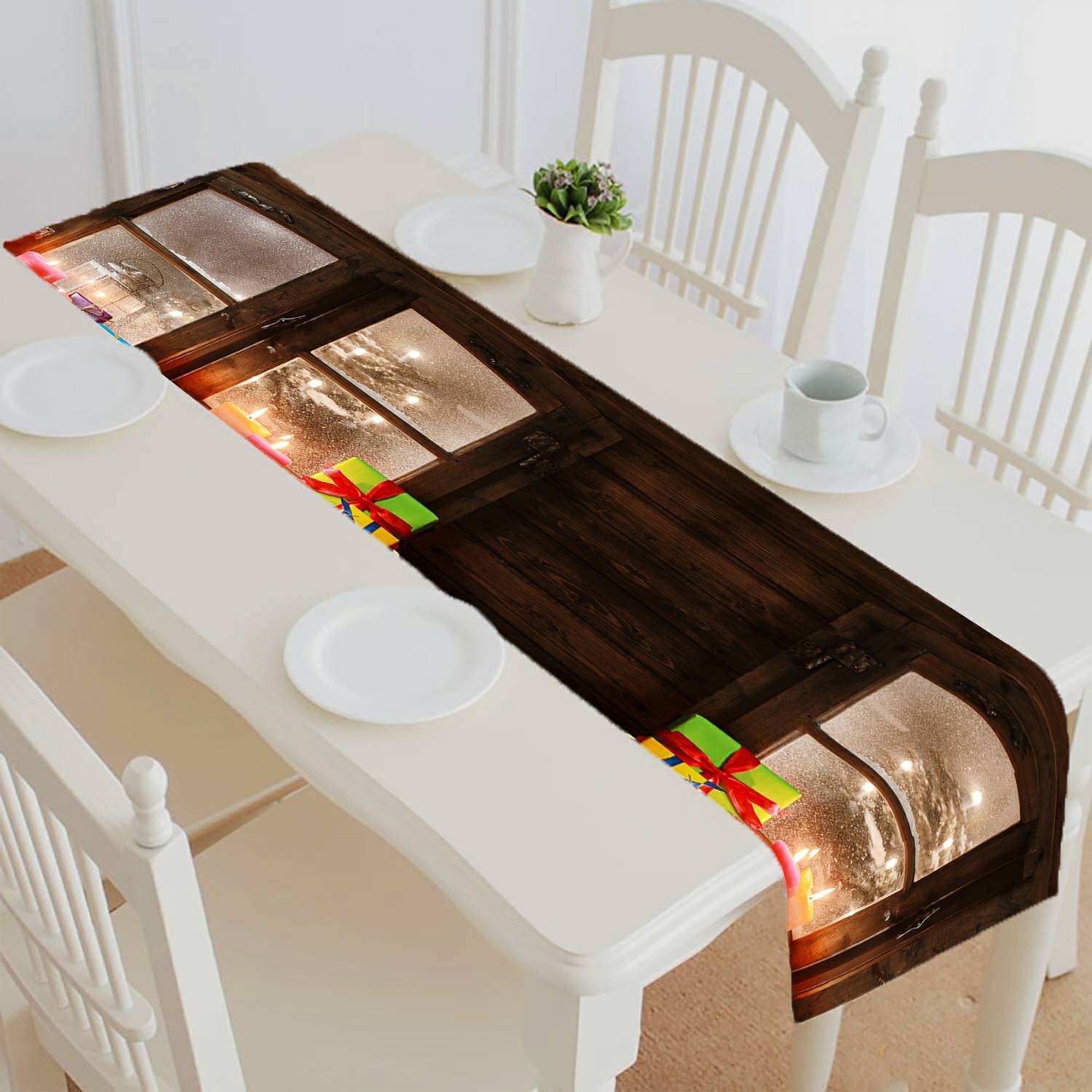 ECZJNT Christmas Presents Lighted Candles Window Pane table runner