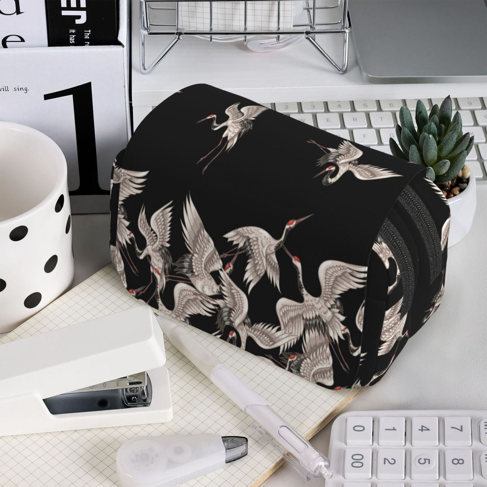 Rateoe Japanese White Crane Pattern Double Clamshell Pen Case, Storage Organizer with Two Zipper Compartments– Holds Up to 50 Pencils & Pens
