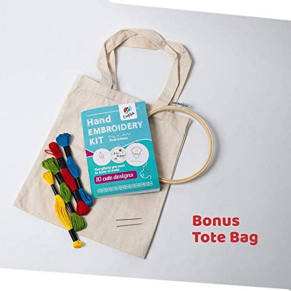 CraftLab Kids Embroidery Kit for Beginners, Kids Craft Starter Kit Gift for Ages 7 to 13, Includes 10 Projects, Embroidery Hoops, Fabric, Patterns,