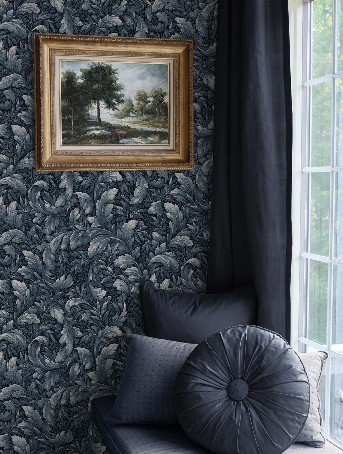NextWall Navy Blue Acanthus Trail Peel and Stick Wallpaper