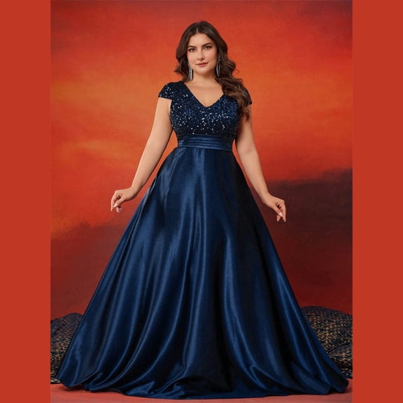 AURA Plus Size Evening Dress Deep V-Neck Sleeveless A-Line Party Wear Long Dress