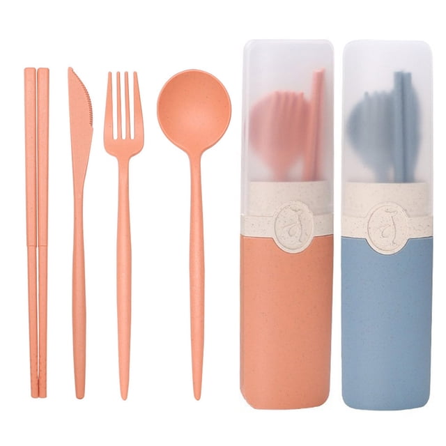 Utensilios de viaje de 2 piezas con estuche - Juego de vajilla de paja de trigo Juego de utensilios reutilizables