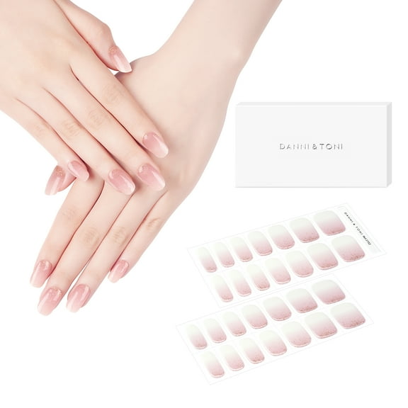 DANNI & TONI Semi Cured Gel Nail Strips Pink White Ombre Gold Glitter Gel Nail Wraps 28 Stickers | Pale Glint